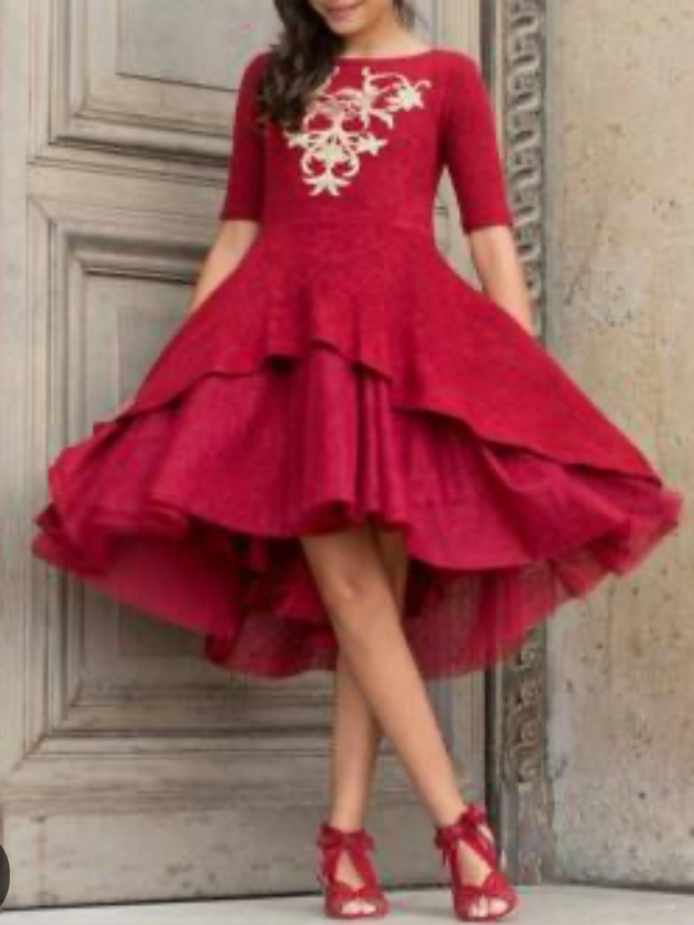 Joyfolie Red High-Low Tulle Party Dress with Embroidered Bodice